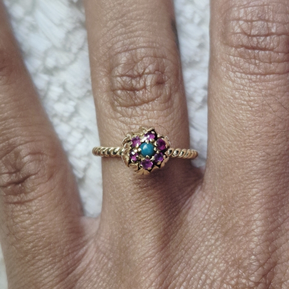 Vintage 14k Yellow Gold Turquoise Ruby Flower Ring - Picture 5 of 8